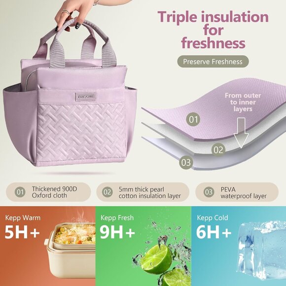 Insulated Lunch Bag for Women- 11L Leakproof Work Lunch Box with Bottle Holder a - Picture 3 of 7